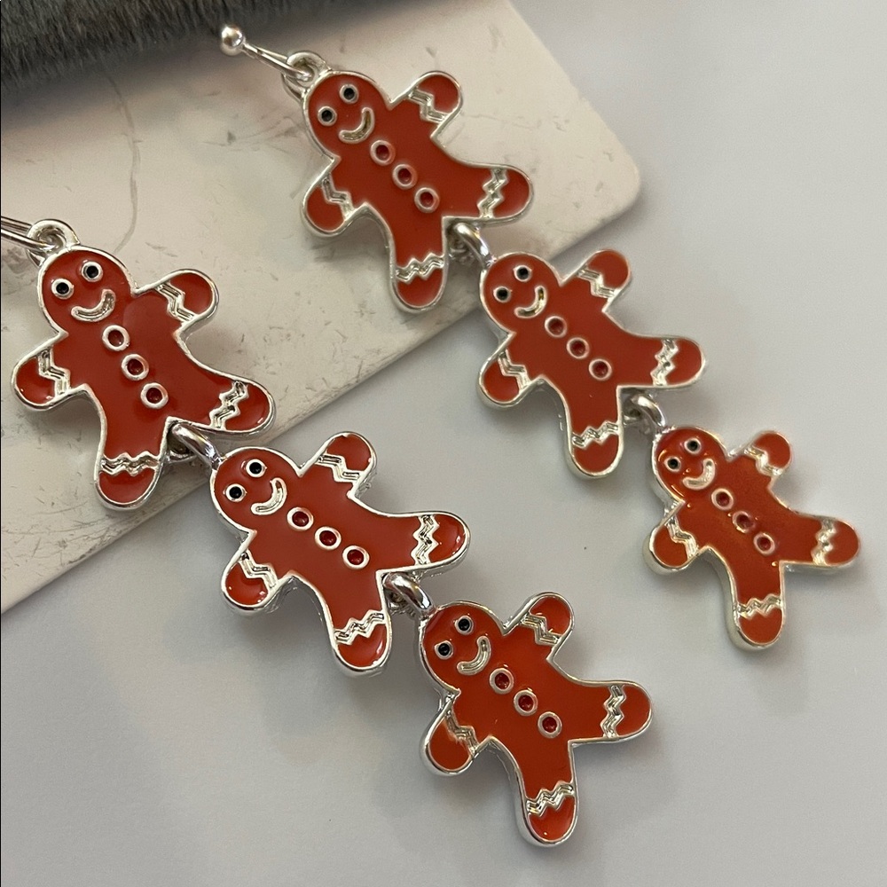 Gingerbread Man Men Christmas Earrings Festive Red Brown Gift Wrapped 2” long